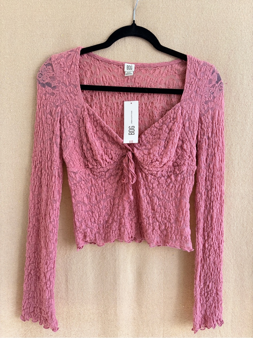 Urban Outfitters BDG Women's Pink Lace Tie-Front Long Sleeve Top Sheer/Boho S